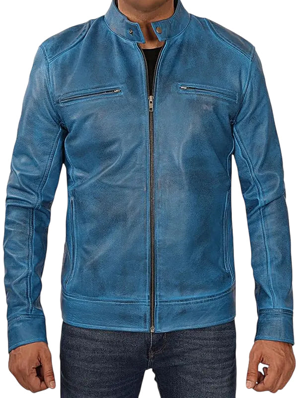 Men’s Blue Cafe Racer Vintage Leather Jacket