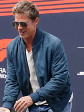 F1 Movie 2025 Brad Pitt Blue Suede Bomber Jacket