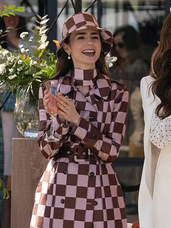 Emily In Paris S04 Lily Collins Pink Brown Checkered Trench Coat