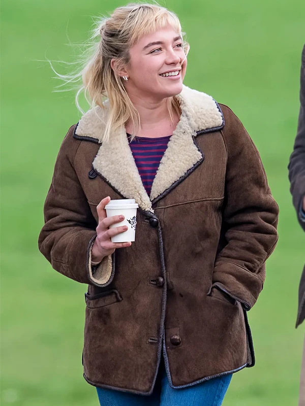 Florence Pugh Suede Brown Shearling Jacket