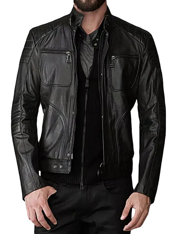 Men's Black Padded Shoulders Leather Jacket