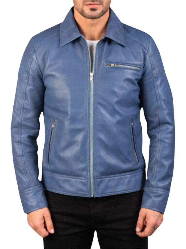 Men's Blue Cafe Racer Leather Jacket