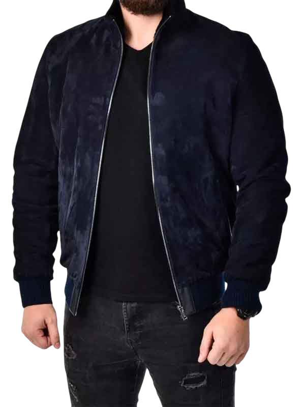 Men's Blue Suede Leather Bomber Jacket