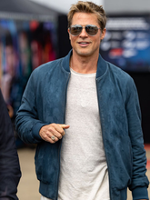 F1 Movie 2025 Brad Pitt Blue Suede Bomber Jacket