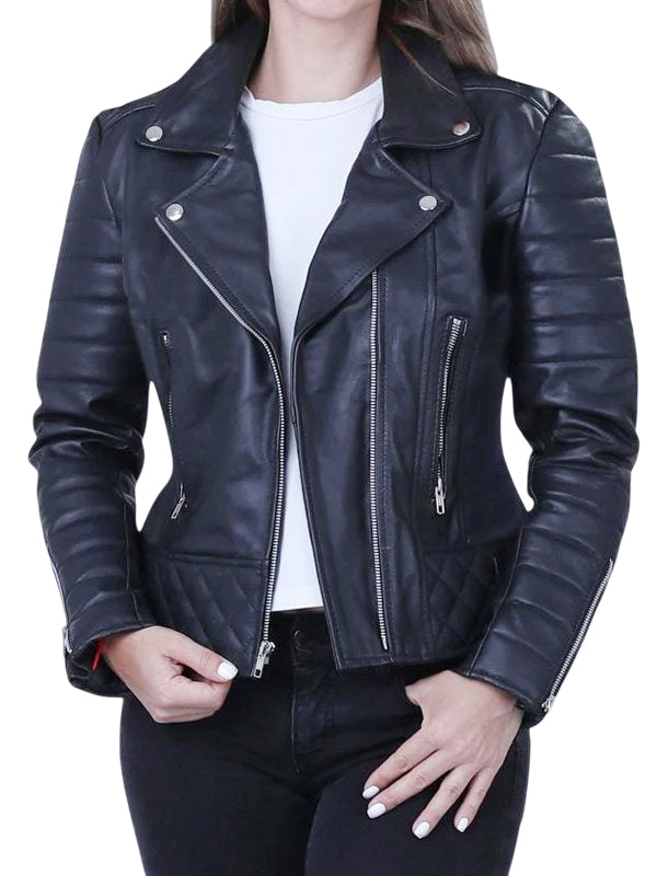 Stylish Women's Black Quilted And Padded Biker Jacket