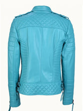 Women's Teal Quilted Leather Motorcycle Jacket