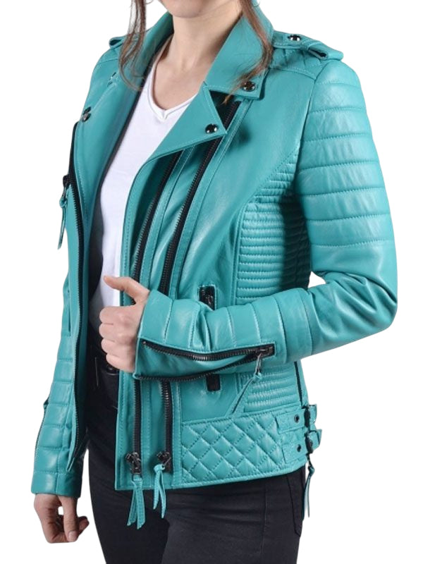 Women's Teal Quilted Leather Motorcycle Jacket